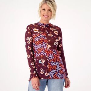 Logo Lori Goldstein Layers Purple Floral Sheer Mesh Top Women Large Blouse